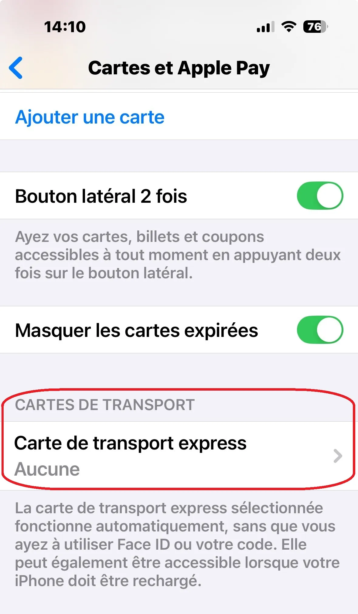 Zone d'activation carte paiement express Apple Pay